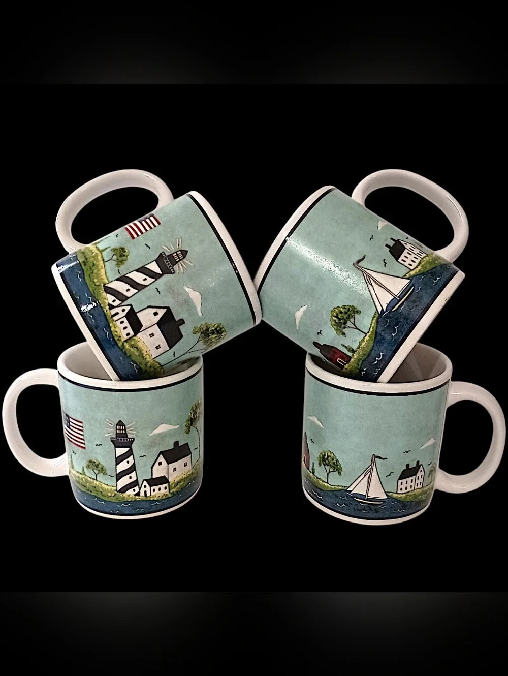 4 Vtg Sakura Coastal Breeze Coffee Mugs Warren Kimble Nautical 10oz Beach House